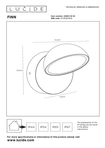 Lucide FINN - Applique murale Intérieur/Extérieur - LED - 1x12W 3000K - IP54 - Détecteur Jour/Nuit - Noir - technique